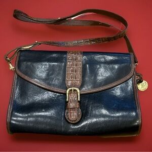 BRAHMIN Black Italian Leather Purse Satchel w/ Brown Alligator Embossed Accents